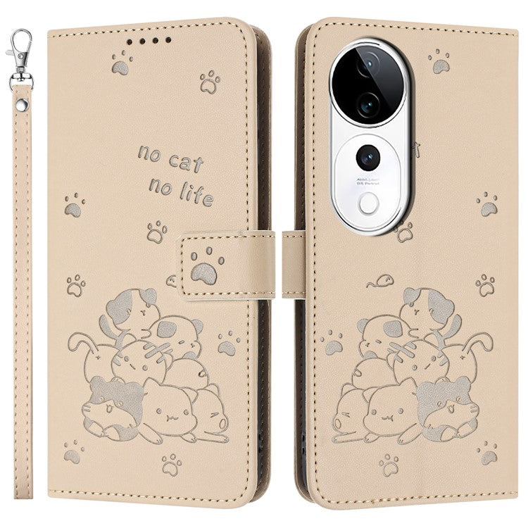 Phone Case for vivo T3 Ultra 5G / V40 5G / V40 Pro 5G / S19 Pro 5G Cats Imprint Leather Wallet Cover with Strap - Beige