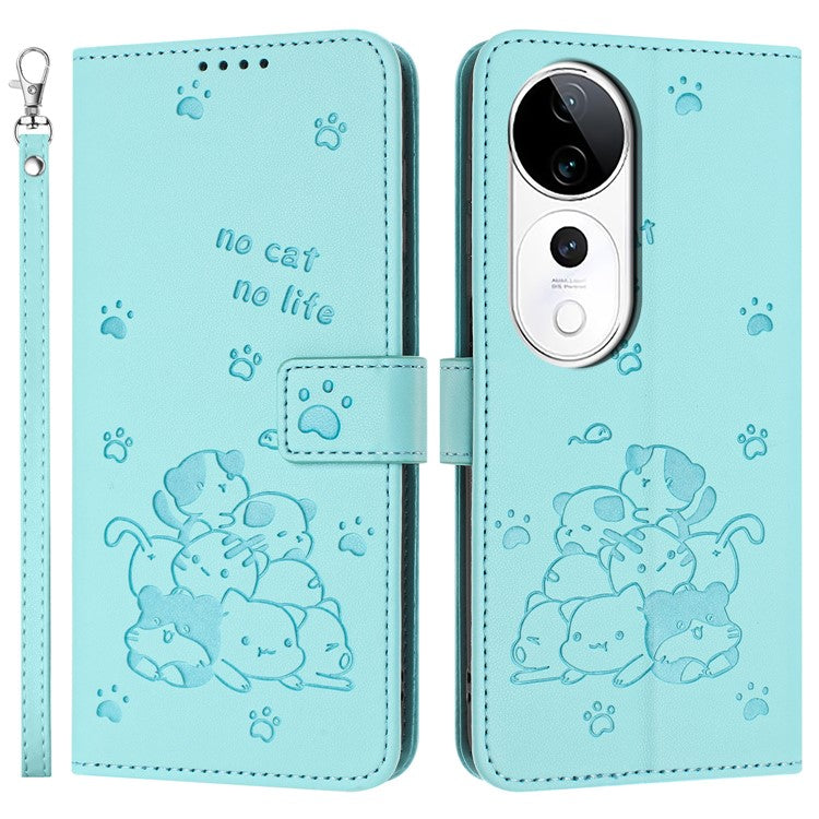 Phone Case for vivo T3 Ultra 5G / V40 5G / V40 Pro 5G / S19 Pro 5G Cats Imprint Leather Wallet Cover with Strap - Green