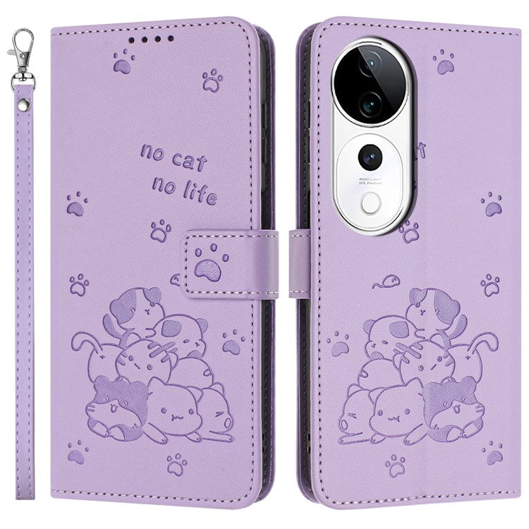 Phone Case for vivo T3 Ultra 5G / V40 5G / V40 Pro 5G / S19 Pro 5G Cats Imprint Leather Wallet Cover with Strap - Purple