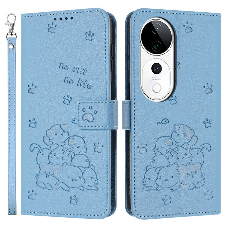 Phone Case for vivo T3 Ultra 5G / V40 5G / V40 Pro 5G / S19 Pro 5G Cats Imprint Leather Wallet Cover with Strap - Blue