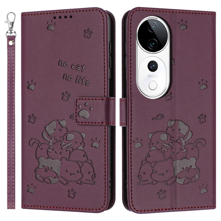 Phone Case for vivo T3 Ultra 5G / V40 5G / V40 Pro 5G / S19 Pro 5G Cats Imprint Leather Wallet Cover with Strap - Wine Red