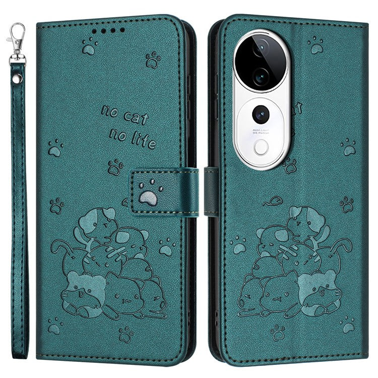 Phone Case for vivo T3 Ultra 5G / V40 5G / V40 Pro 5G / S19 Pro 5G Cats Imprint Leather Wallet Cover with Strap - Blackish Green