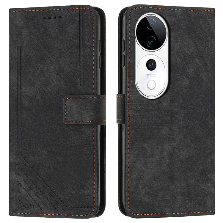 Leather Case For vivo V40 5G  /  V40 Pro 5G  /  T3 Ultra 5G  /  S19 Pro 5G Imprinted Lines Phone Cover Folding Stand - Black