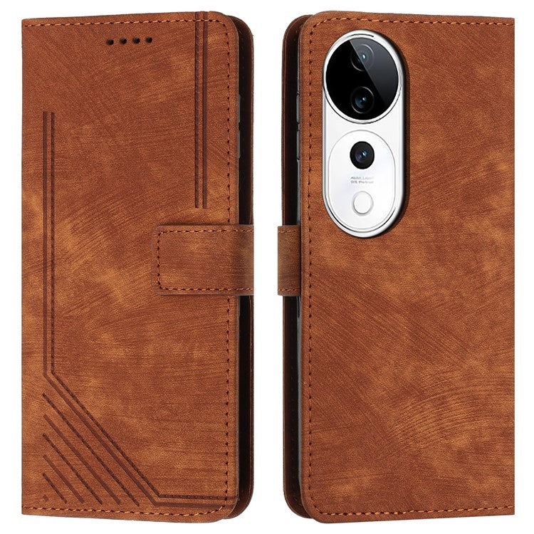 Leather Case For vivo V40 5G  /  V40 Pro 5G  /  T3 Ultra 5G  /  S19 Pro 5G Imprinted Lines Phone Cover Folding Stand - Brown