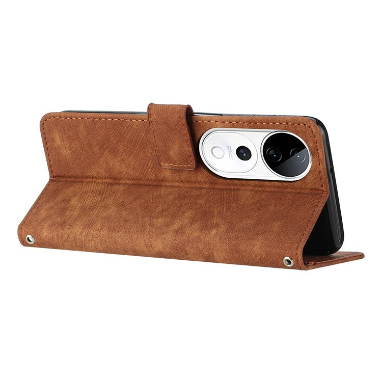 Leather Case For vivo V40 5G  /  V40 Pro 5G  /  T3 Ultra 5G  /  S19 Pro 5G Imprinted Lines Phone Cover Folding Stand - Brown