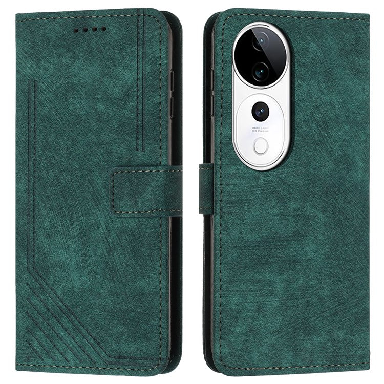 Leather Case For vivo V40 5G  /  V40 Pro 5G  /  T3 Ultra 5G  /  S19 Pro 5G Imprinted Lines Phone Cover Folding Stand - Green