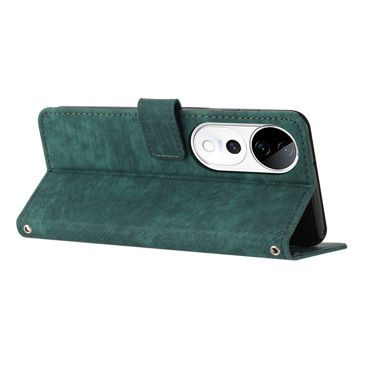 Leather Case For vivo V40 5G  /  V40 Pro 5G  /  T3 Ultra 5G  /  S19 Pro 5G Imprinted Lines Phone Cover Folding Stand - Green