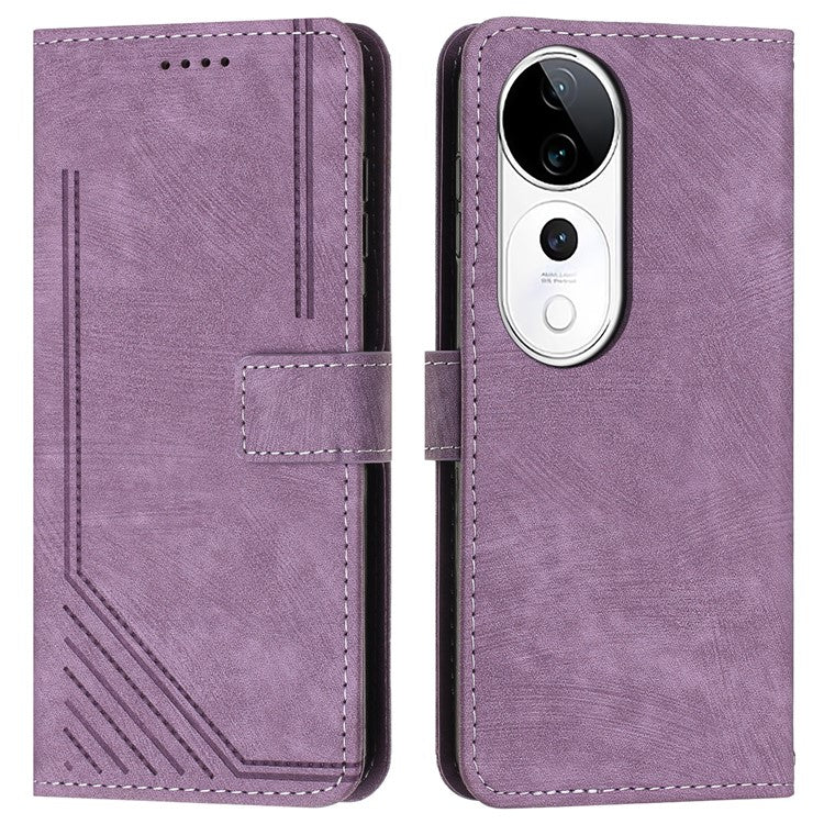 Leather Case For vivo V40 5G  /  V40 Pro 5G  /  T3 Ultra 5G  /  S19 Pro 5G Imprinted Lines Phone Cover Folding Stand - Purple