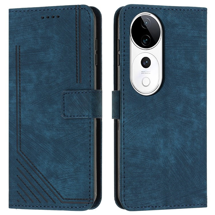 Leather Case For vivo V40 5G  /  V40 Pro 5G  /  T3 Ultra 5G  /  S19 Pro 5G Imprinted Lines Phone Cover Folding Stand - Sapphire