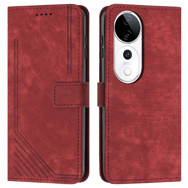 Leather Case For vivo V40 5G  /  V40 Pro 5G  /  T3 Ultra 5G  /  S19 Pro 5G Imprinted Lines Phone Cover Folding Stand - Red