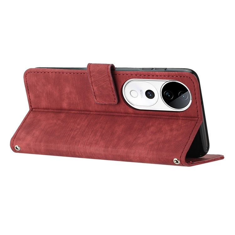 Leather Case For vivo V40 5G  /  V40 Pro 5G  /  T3 Ultra 5G  /  S19 Pro 5G Imprinted Lines Phone Cover Folding Stand - Red