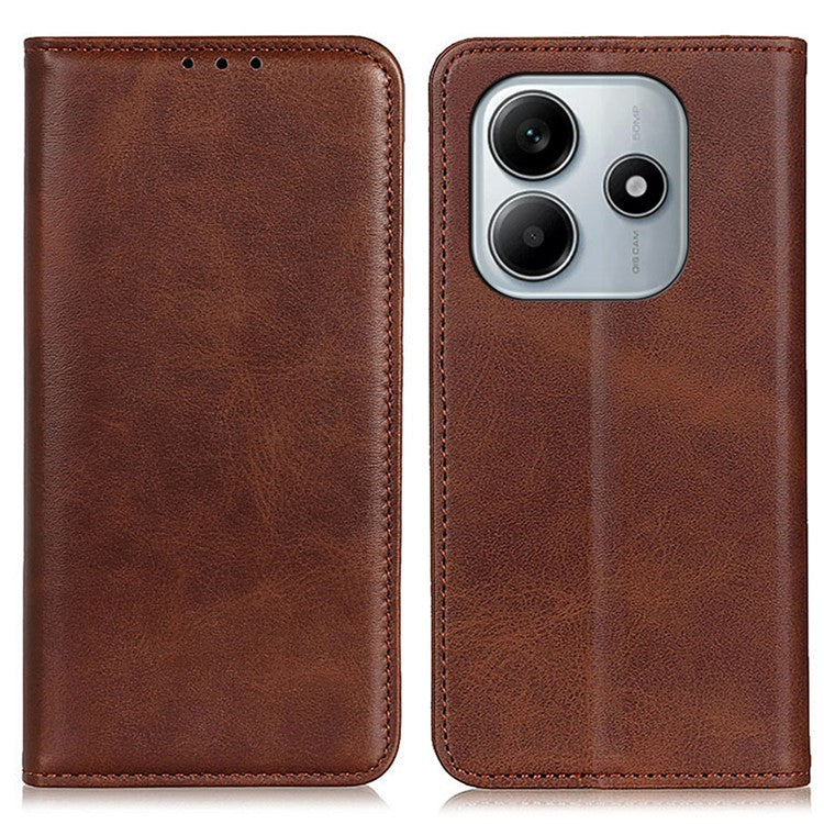 Split Leather Case for Xiaomi Redmi Note 14 5G Flip Wallet Phone Cover - Coffee