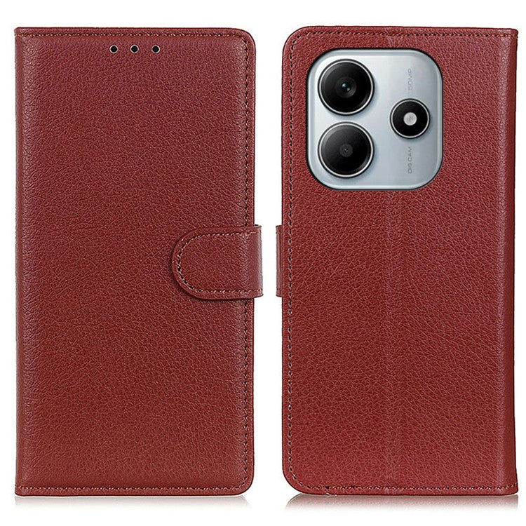 Wallet Case for Xiaomi Redmi Note 14 5G PU Leather Phone Cover Litchi Texture - Brown