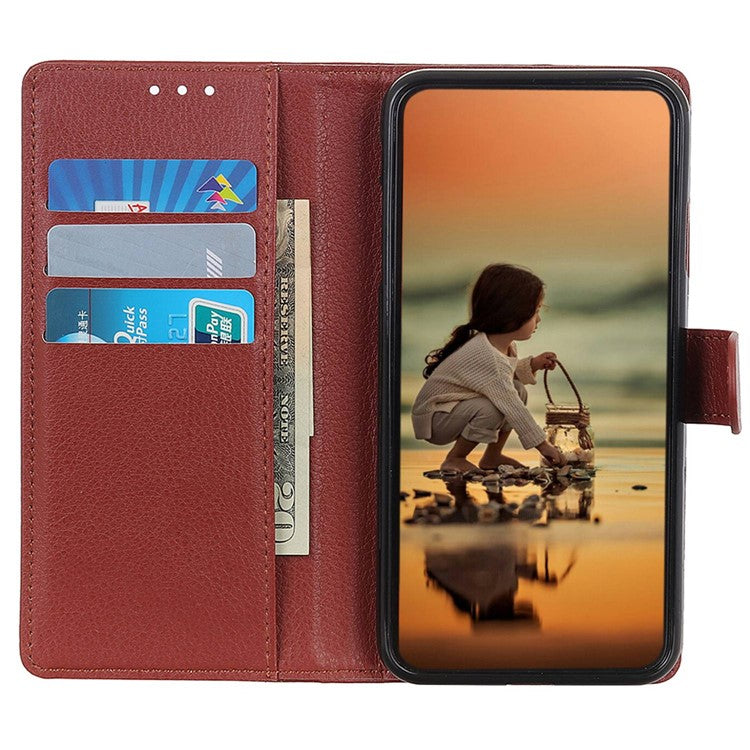 Wallet Case for Xiaomi Redmi Note 14 5G PU Leather Phone Cover Litchi Texture - Brown