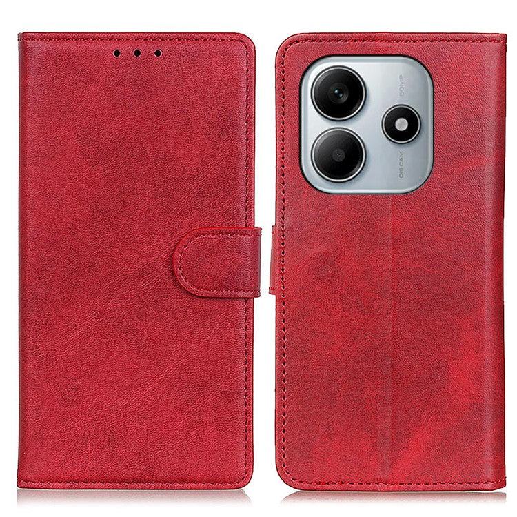 For Xiaomi Redmi Note 14 5G Wallet Case Cowhide Texture Leather Stand Phone Cover - Red