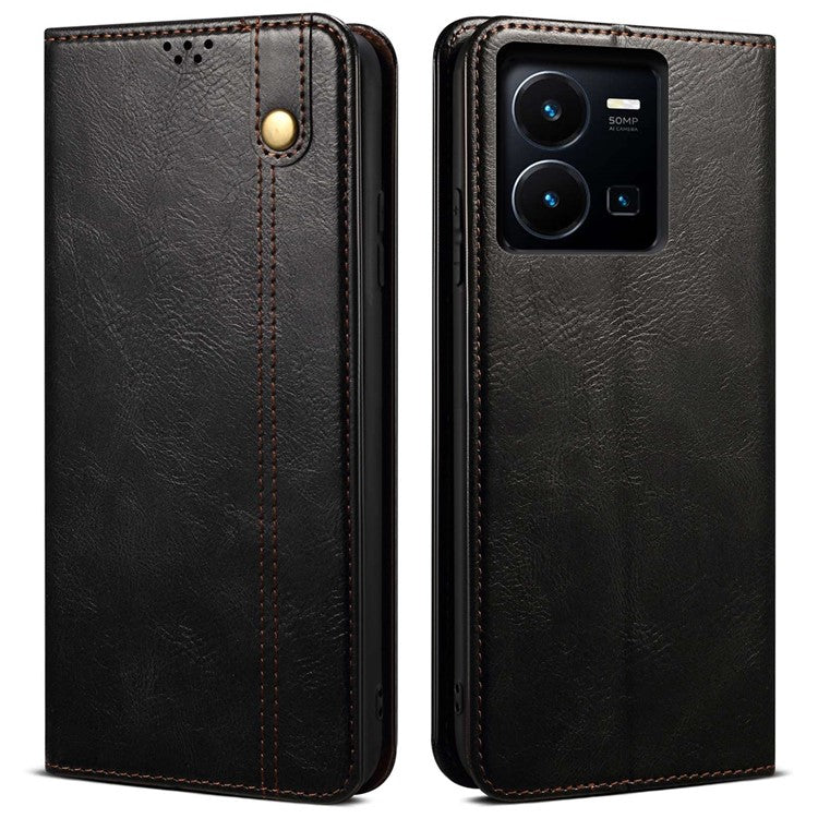 For vivo Y35 4G (2022) / Y22 4G / Y22s 4G Wallet Phone Case Shockproof Folio Flip Cover Waxy Crazy Horse Texture Magnetic Auto-absorbed Leather Case TPU Inner Shell with Stand - Black