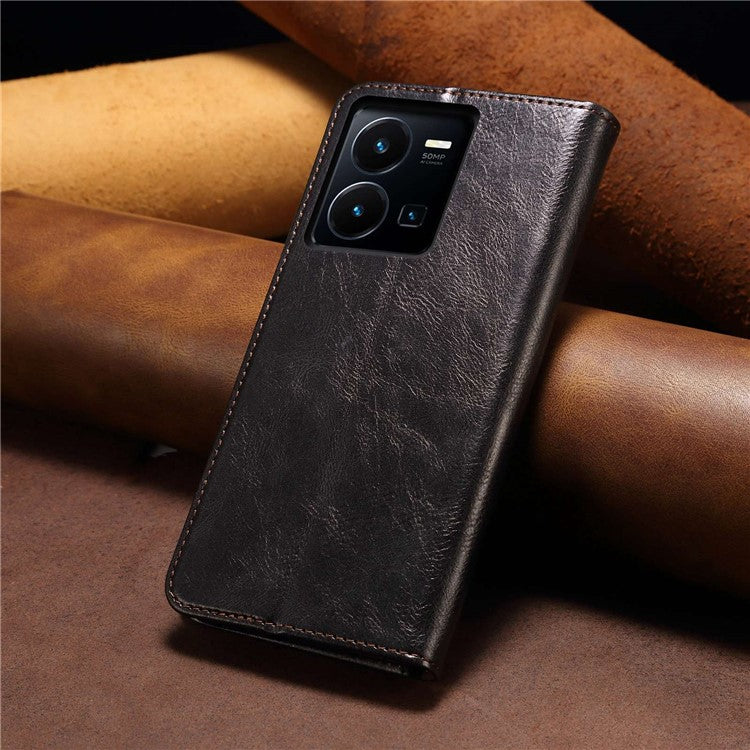 For vivo Y35 4G (2022) / Y22 4G / Y22s 4G Wallet Phone Case Shockproof Folio Flip Cover Waxy Crazy Horse Texture Magnetic Auto-absorbed Leather Case TPU Inner Shell with Stand - Black