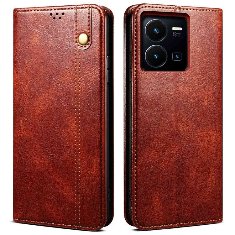 For vivo Y35 4G (2022) / Y22 4G / Y22s 4G Wallet Phone Case Shockproof Folio Flip Cover Waxy Crazy Horse Texture Magnetic Auto-absorbed Leather Case TPU Inner Shell with Stand - Brown