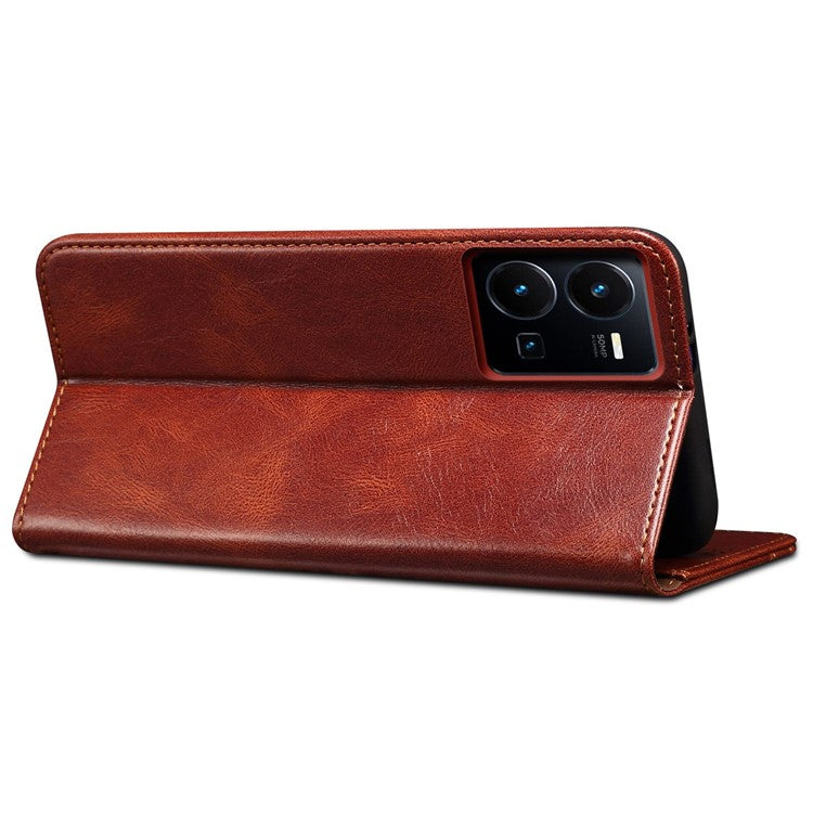 For vivo Y35 4G (2022) / Y22 4G / Y22s 4G Wallet Phone Case Shockproof Folio Flip Cover Waxy Crazy Horse Texture Magnetic Auto-absorbed Leather Case TPU Inner Shell with Stand - Brown