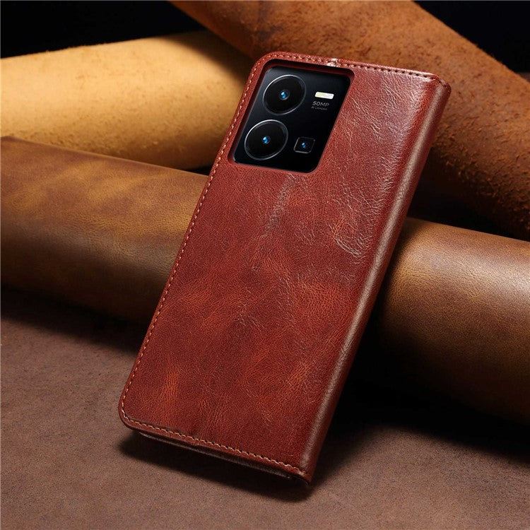 For vivo Y35 4G (2022) / Y22 4G / Y22s 4G Wallet Phone Case Shockproof Folio Flip Cover Waxy Crazy Horse Texture Magnetic Auto-absorbed Leather Case TPU Inner Shell with Stand - Brown