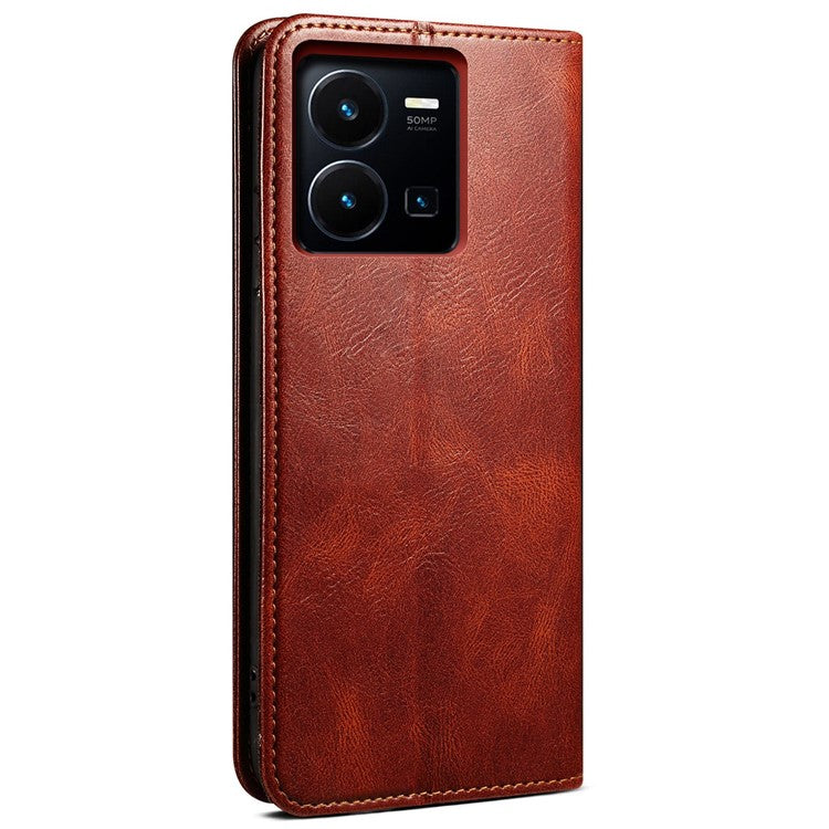 For vivo Y35 4G (2022) / Y22 4G / Y22s 4G Wallet Phone Case Shockproof Folio Flip Cover Waxy Crazy Horse Texture Magnetic Auto-absorbed Leather Case TPU Inner Shell with Stand - Brown