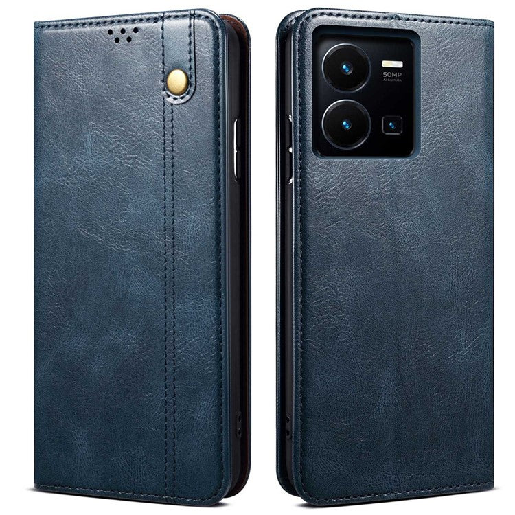 For vivo Y35 4G (2022) / Y22 4G / Y22s 4G Wallet Phone Case Shockproof Folio Flip Cover Waxy Crazy Horse Texture Magnetic Auto-absorbed Leather Case TPU Inner Shell with Stand - Blue