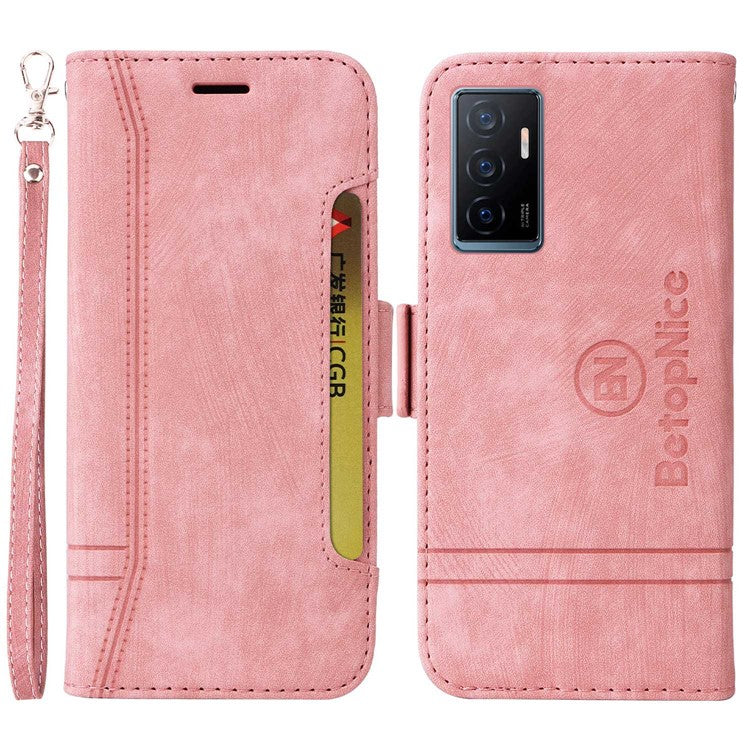 BETOPNICE 001 Phone Cover For vivo Y75 4G / V23e 4G / V23e 5G, Imprinted Stitching Line PU Leather Anti-scratch Phone Case Stand Wallet with Strap - Pink