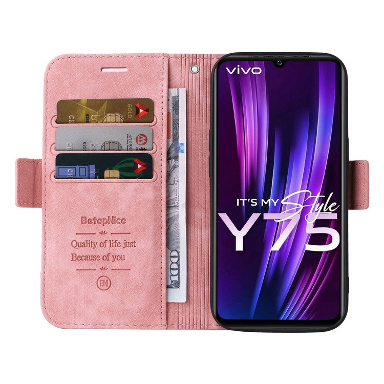 BETOPNICE 001 Phone Cover For vivo Y75 4G / V23e 4G / V23e 5G, Imprinted Stitching Line PU Leather Anti-scratch Phone Case Stand Wallet with Strap - Pink