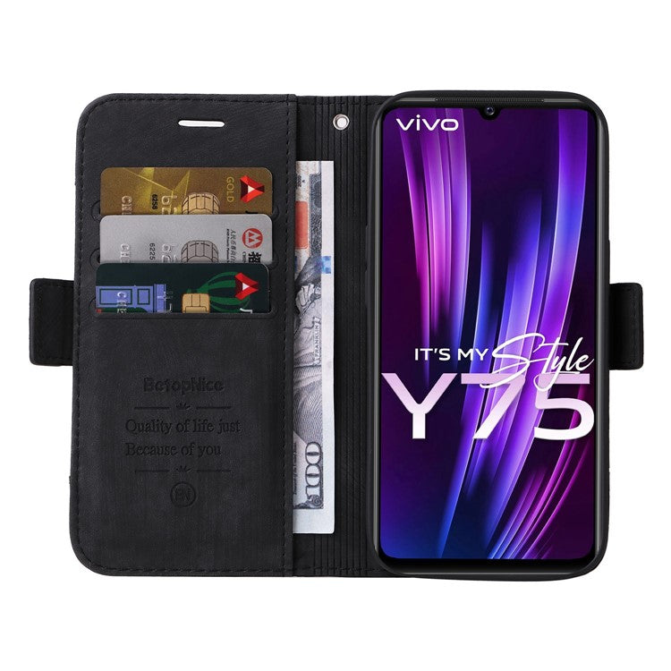 BETOPNICE 001 Phone Cover For vivo Y75 4G / V23e 4G / V23e 5G, Imprinted Stitching Line PU Leather Anti-scratch Phone Case Stand Wallet with Strap - Black