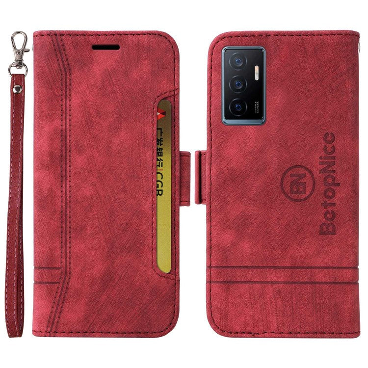 BETOPNICE 001 Phone Cover For vivo Y75 4G / V23e 4G / V23e 5G, Imprinted Stitching Line PU Leather Anti-scratch Phone Case Stand Wallet with Strap - Red