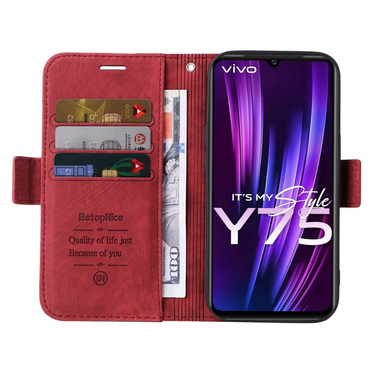 BETOPNICE 001 Phone Cover For vivo Y75 4G / V23e 4G / V23e 5G, Imprinted Stitching Line PU Leather Anti-scratch Phone Case Stand Wallet with Strap - Red