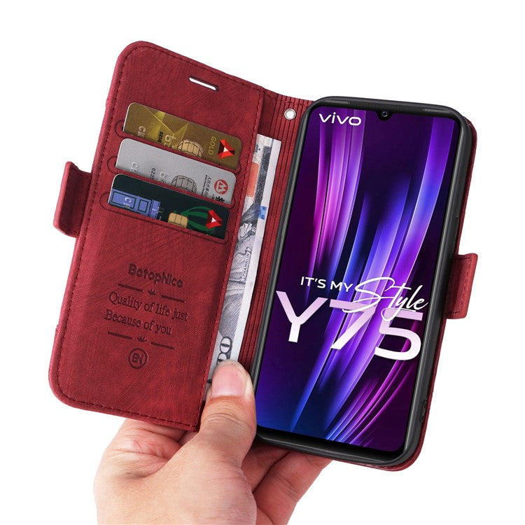 BETOPNICE 001 Phone Cover For vivo Y75 4G / V23e 4G / V23e 5G, Imprinted Stitching Line PU Leather Anti-scratch Phone Case Stand Wallet with Strap - Red