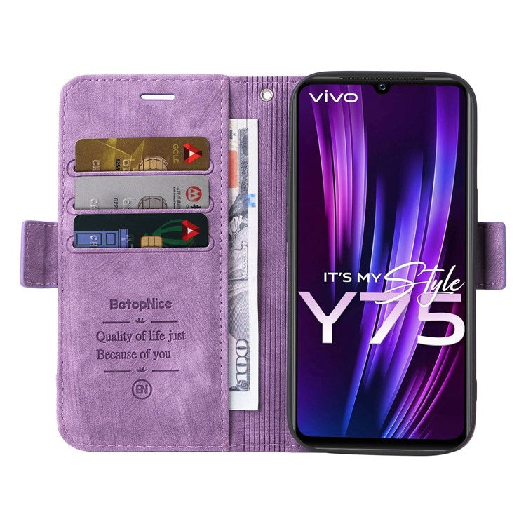 BETOPNICE 001 Phone Cover For vivo Y75 4G / V23e 4G / V23e 5G, Imprinted Stitching Line PU Leather Anti-scratch Phone Case Stand Wallet with Strap - Purple