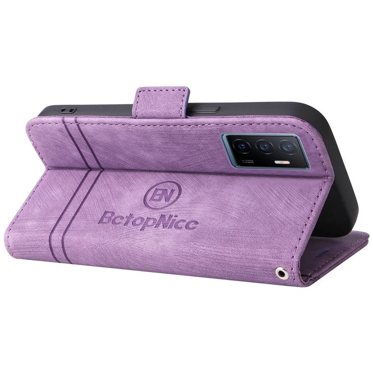 BETOPNICE 001 Phone Cover For vivo Y75 4G / V23e 4G / V23e 5G, Imprinted Stitching Line PU Leather Anti-scratch Phone Case Stand Wallet with Strap - Purple