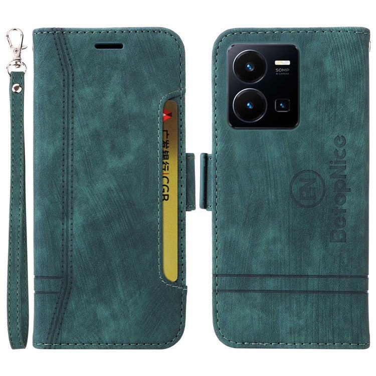 BETOPNICE 001 For vivo Y35 4G (2022) / Y22 4G / Y22s 4G Imprinted Stitching Line PU Leather Case Phone Stand Wallet Cover with Strap - Green