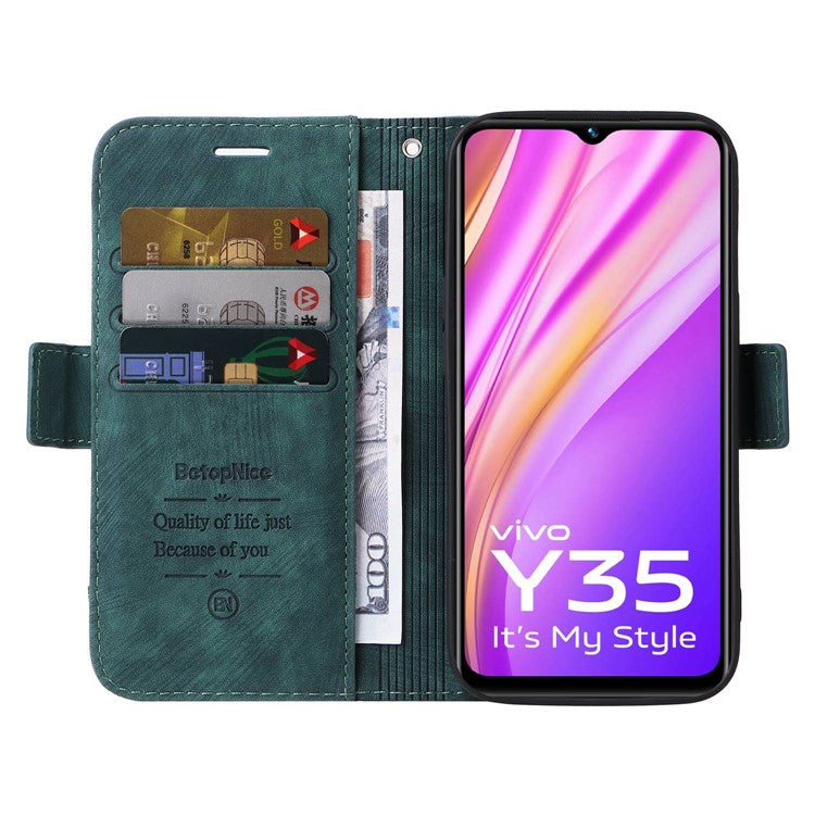 BETOPNICE 001 For vivo Y35 4G (2022) / Y22 4G / Y22s 4G Imprinted Stitching Line PU Leather Case Phone Stand Wallet Cover with Strap - Green