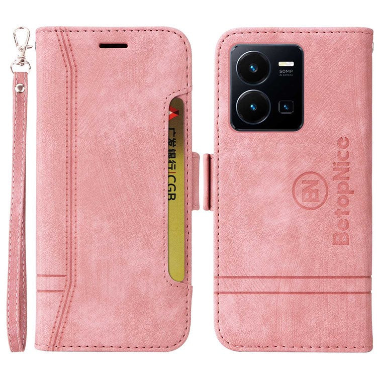 BETOPNICE 001 For vivo Y35 4G (2022) / Y22 4G / Y22s 4G Imprinted Stitching Line PU Leather Case Phone Stand Wallet Cover with Strap - Pink