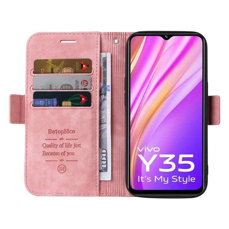 BETOPNICE 001 For vivo Y35 4G (2022) / Y22 4G / Y22s 4G Imprinted Stitching Line PU Leather Case Phone Stand Wallet Cover with Strap - Pink