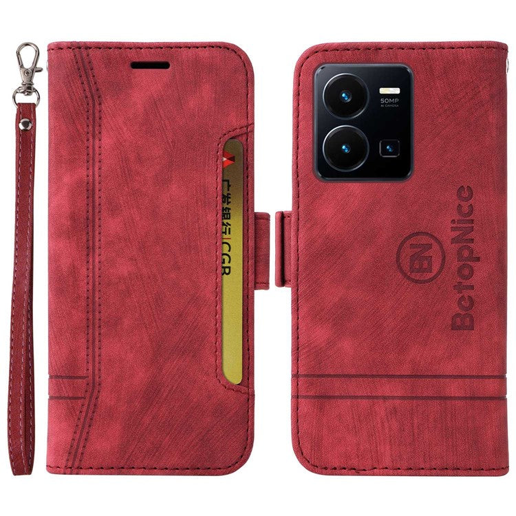 BETOPNICE 001 For vivo Y35 4G (2022) / Y22 4G / Y22s 4G Imprinted Stitching Line PU Leather Case Phone Stand Wallet Cover with Strap - Red