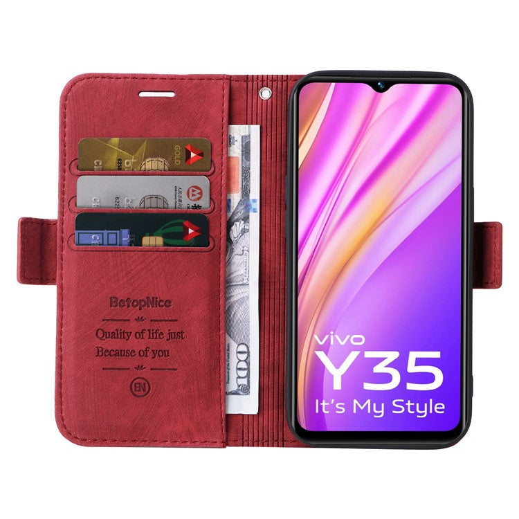 BETOPNICE 001 For vivo Y35 4G (2022) / Y22 4G / Y22s 4G Imprinted Stitching Line PU Leather Case Phone Stand Wallet Cover with Strap - Red