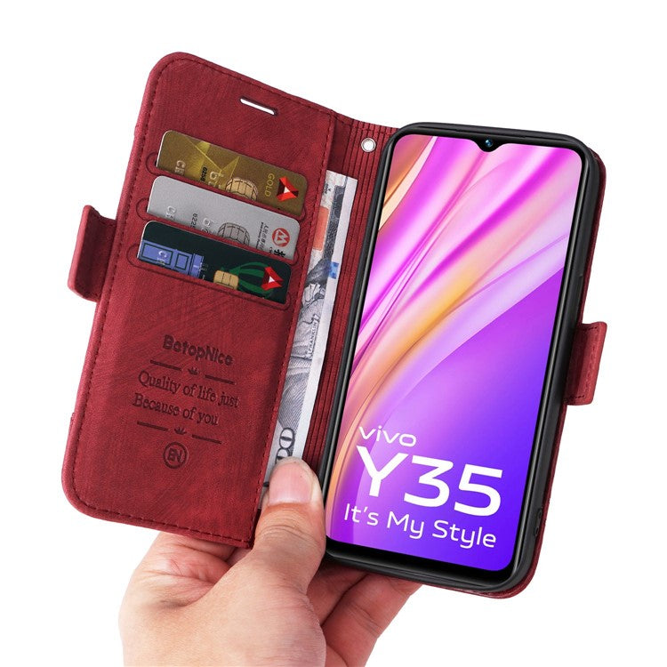 BETOPNICE 001 For vivo Y35 4G (2022) / Y22 4G / Y22s 4G Imprinted Stitching Line PU Leather Case Phone Stand Wallet Cover with Strap - Red