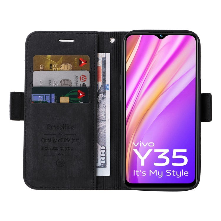 BETOPNICE 001 For vivo Y35 4G (2022) / Y22 4G / Y22s 4G Imprinted Stitching Line PU Leather Case Phone Stand Wallet Cover with Strap - Black