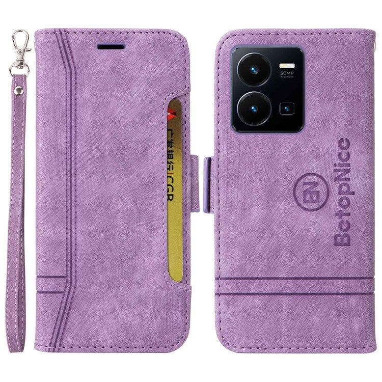 BETOPNICE 001 For vivo Y35 4G (2022) / Y22 4G / Y22s 4G Imprinted Stitching Line PU Leather Case Phone Stand Wallet Cover with Strap - Purple