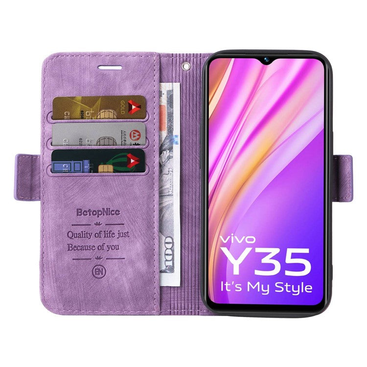 BETOPNICE 001 For vivo Y35 4G (2022) / Y22 4G / Y22s 4G Imprinted Stitching Line PU Leather Case Phone Stand Wallet Cover with Strap - Purple