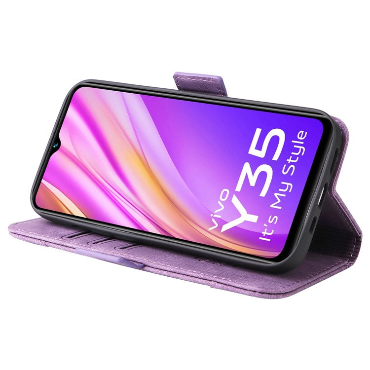 BETOPNICE 001 For vivo Y35 4G (2022) / Y22 4G / Y22s 4G Imprinted Stitching Line PU Leather Case Phone Stand Wallet Cover with Strap - Purple