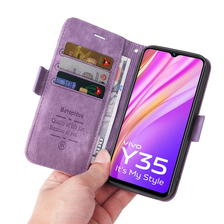 BETOPNICE 001 For vivo Y35 4G (2022) / Y22 4G / Y22s 4G Imprinted Stitching Line PU Leather Case Phone Stand Wallet Cover with Strap - Purple