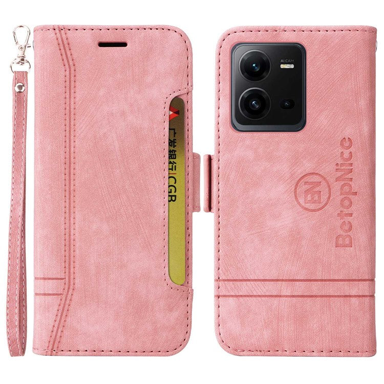 BETOPNICE 001 For vivo V25 5G / V25e 4G Imprinted Stitching Line Stand Wallet Case PU Leather Magnetic Clasp Cover with Strap - Pink