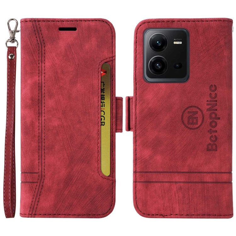 BETOPNICE 001 For vivo V25 5G / V25e 4G Imprinted Stitching Line Stand Wallet Case PU Leather Magnetic Clasp Cover with Strap - Red