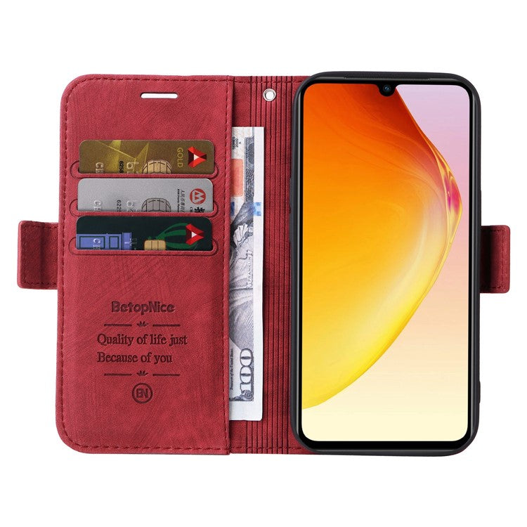 BETOPNICE 001 For vivo V25 5G / V25e 4G Imprinted Stitching Line Stand Wallet Case PU Leather Magnetic Clasp Cover with Strap - Red