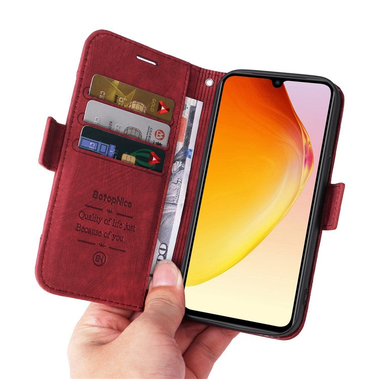 BETOPNICE 001 For vivo V25 5G / V25e 4G Imprinted Stitching Line Stand Wallet Case PU Leather Magnetic Clasp Cover with Strap - Red